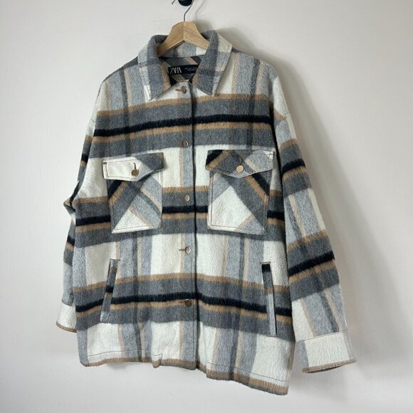 ZARA Beige Plaid Button Down Shacket L - Picture 4 of 7